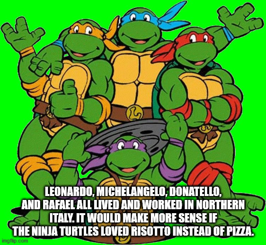 classic teenage mutant ninja turtles - Leonardo, Michelangelo, Donatello. And Rafael All Lived And Worked In Northern Ca C Italy. It Would Make More Sense If The Ninja Turtles Loved Risotto Instead Of Pizza. imgflip.com