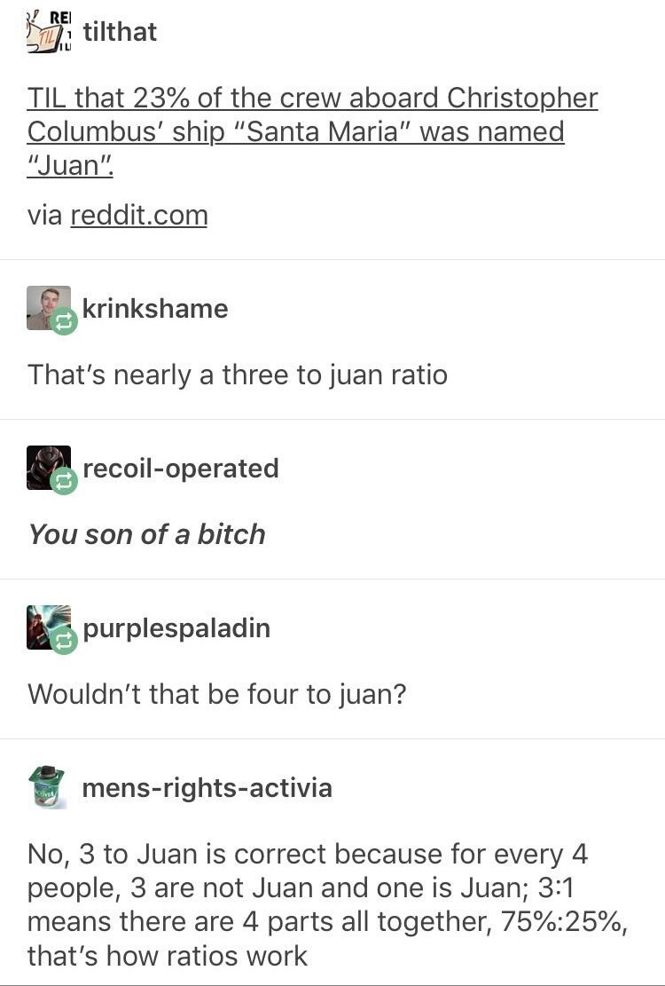 document - tilthat Til that 23% of the crew aboard Christopher Columbus' ship "Santa Maria" was named "Juan". via reddit.com krinkshame That's nearly a three to juan ratio recoiloperated You son of a bitch purplespaladin Wouldn't that be four to juan?…