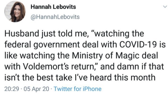 document - Hannah Lebovits Husband just told me, "watching the federal government deal with Covid19 is watching the Ministry of Magic deal with Voldemort's returnand damn if that isn't the best take I've heard this month . 05 Apr 20 Twitter for iPhone