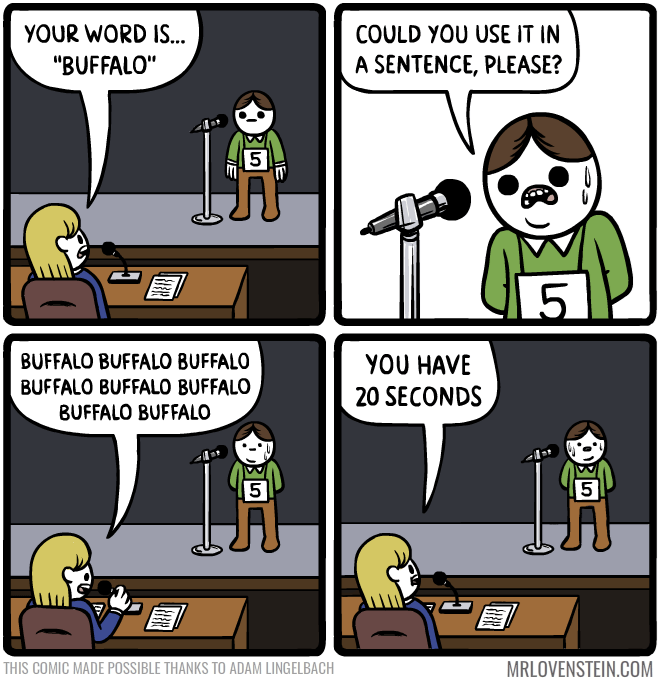 spelling bee funny - Your Word Is... "Buffalo" Could You Use It In A Sentence, Please? Buffalo Buffalo Buffalo Buffalo Buffalo Buffalo Buffalo Buffalo You Have 20 Seconds This Comic Made Possible Thanks To Adam Lingelbach Mrlovenstein.Com