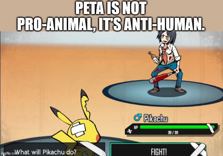 peta pokemon game - Peta Is Not ProAnimal, It'S AntiHuman. o Pikachu Hp 3030 ingflip.coWhat will Pikachu do? Fight!