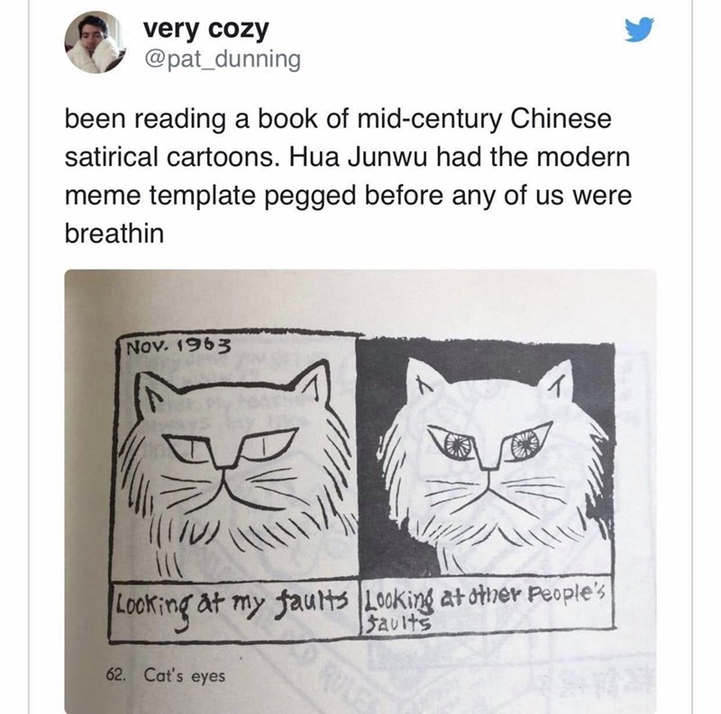 hua junwu - very cozy been reading a book of midcentury Chinese satirical cartoons. Hua Junwu had the modern meme template pegged before any of us were breathin Nov. 1963 To Looking at my faults Looking at other people's Faults 62. Cat's eyes
