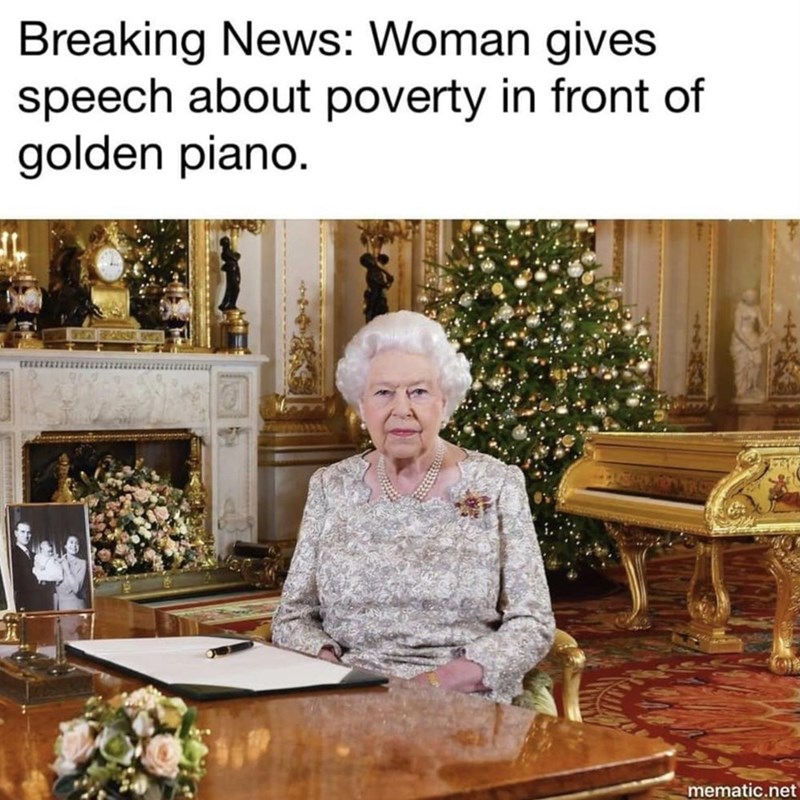 queen elizabeth ii christmas - Breaking News Woman gives speech about poverty in front of golden piano. mematic.net