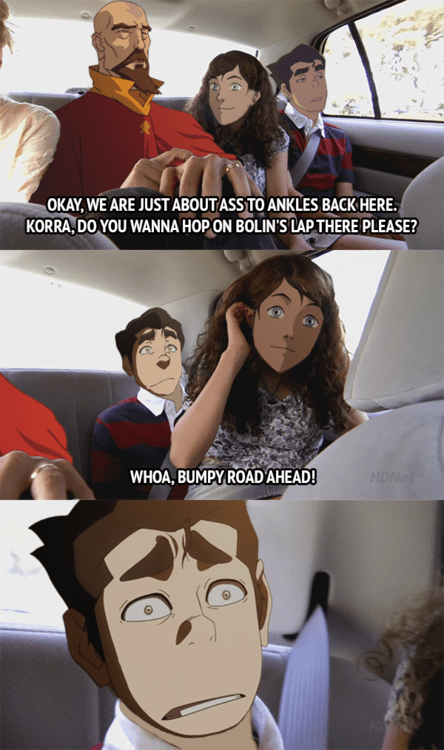legend of korra funny - Okay, We Are Just About Ass To Ankles Back Here. Korra, Do You Wanna Hop On Bolin'S Lap There Please? O Whoa, Bumpy Road Ahead!