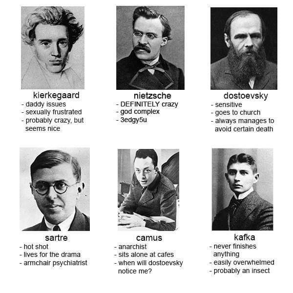 dostoevsky memes - kierkegaard daddy issues sexually frustrated probably crazy, but seems nice nietzsche Definitely crazy god complex 3edgy5u dostoevsky sensitive goes to church always manages to avoid certain death sartre hot shot lives for the drama arm