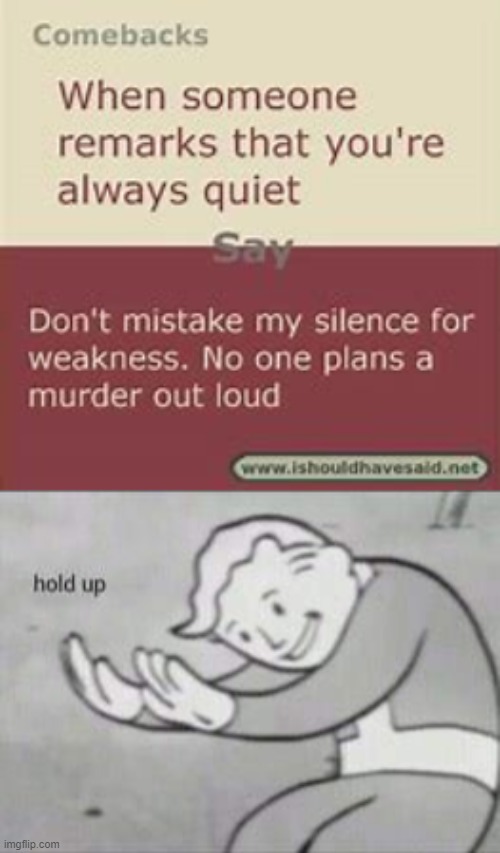 fallout hold up meme - Comebacks When someone remarks that you're always quiet Say Don't mistake my silence for weakness. No one plans a murder out loud hold up imgflip.com