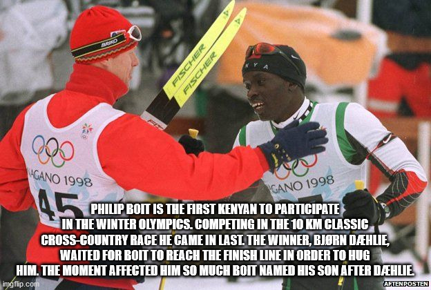 Fischer Fischer "Gano 1998 Gano 1998 Philip Boit Is The First Kenyan To Participate In The Winter Olympics. Competing In The 10 Km Classic CrossCountry Race He Came In Last. The Winner, Bjrn Dhlie, Waited For Boit To Reach The Finish Line In Order To Hug…