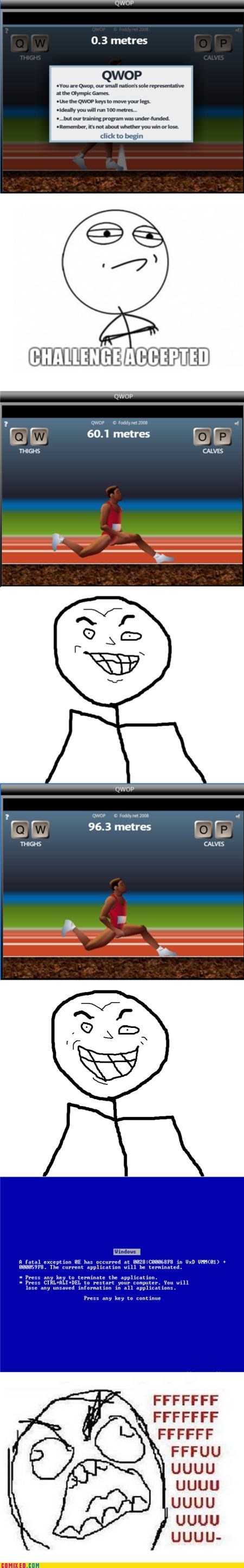 cartoon - Qwop W 0.3 metres Op Thighs Calves Qwop You are wop, our small nation's sole representative at the Olympic Games Use the Qwop keys to move your legs Ideally you will run 100 metres.. ...but our training program was underfunded. Remember, it's no