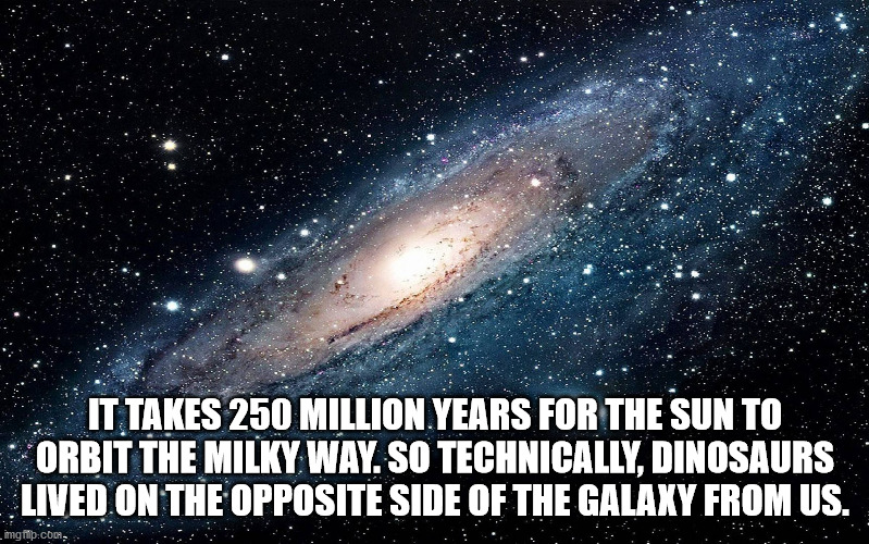 atmosphere - . It Takes 250 Million Years For The Sun To Orbit The Milky Way. So Technically, Dinosaurs Lived On The Opposite Side Of The Galaxy From Us.