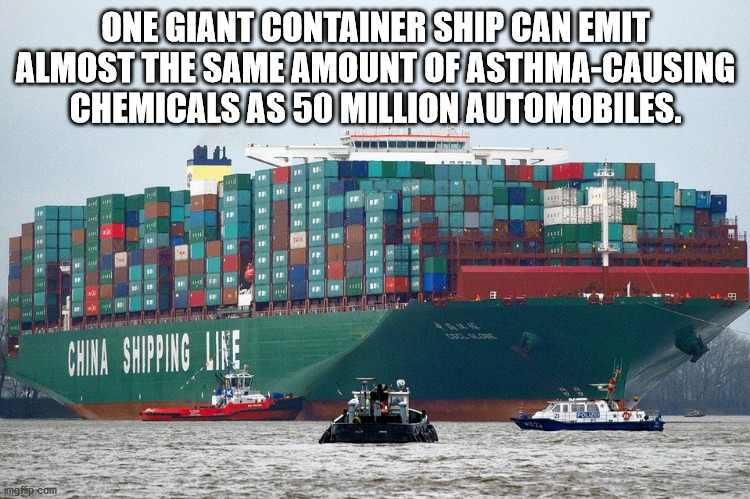 One Giant Container Ship Can Emit Almost The Same Amount Of Asthma Causing Chemicals As 50 Million Automobiles.