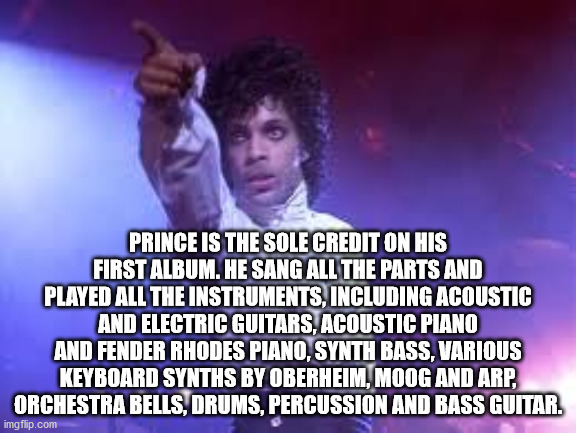 Prince Is The Sole Credit On His First Album. He Sang All The Parts And Played All The Instruments, Including Acoustic And Electric Guitars, Acoustic Piano And Fender Rhodes Piano, Synth Bass, Various Keyboard Synths By Oberheim, Moog And Arp, Orchestra b