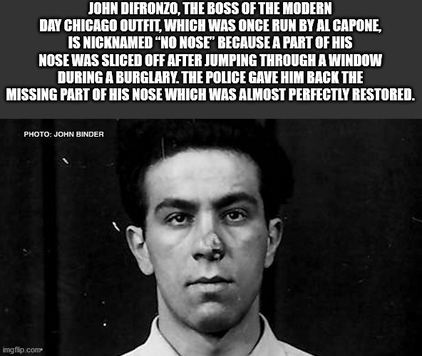 John Difronzo, The Boss Of The Modern Day Chicago Outfit, Which Was Once Run By Al Capone, Is Nicknamed No Nose because a part of his nose was sliced off after jumping through a window during a burglary. The police gave him back the missing part of his no