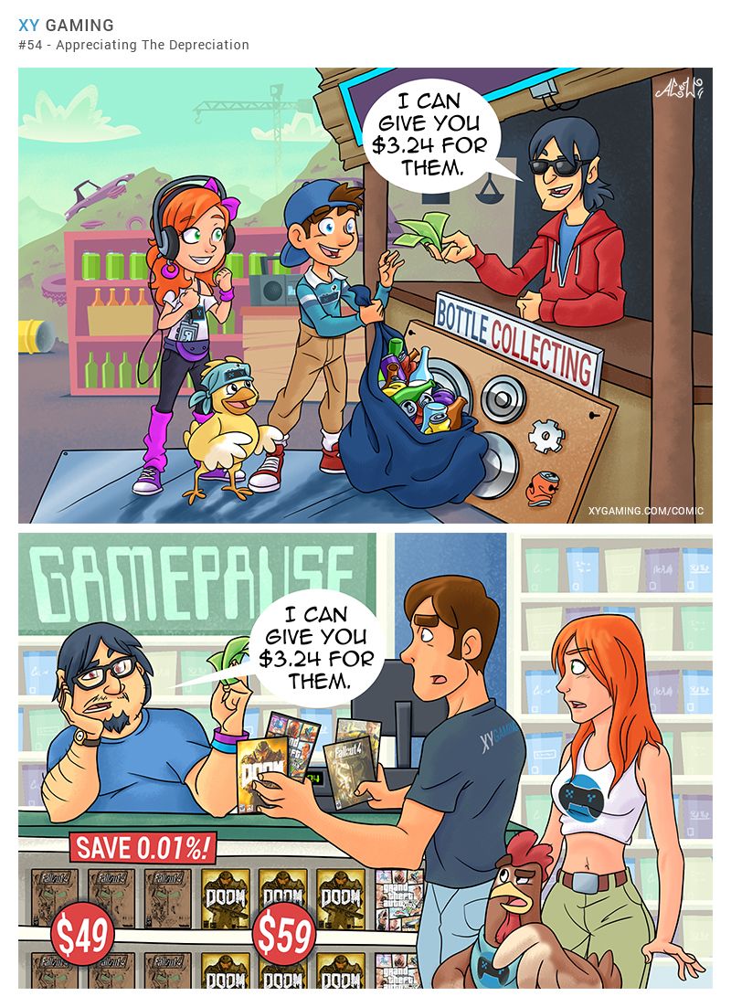 videogames funny comics - Xy Gaming Appreciating The Depreciation Alisha I Can Give You $3.24 For Them. Bottle Collecting Xygaming.ComComic Ika Ganepalise I Can Give You $3.24 For Them. let Falked Save 0.01%! Doom Doon Doom $49 $59 Doomidoom Doom