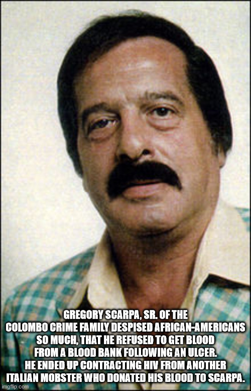 greg scarpa - Gregory Scarpa, Sr. Of The Colombo Crime Family Despised AfricanAmericans So Much, That He Refused To Get Blood From A Blood Bank ing An Ulcer. He Ended Up Contracting Hiv From Another Italian Mobster Who Donated His Blood To Scarpa. imgflip