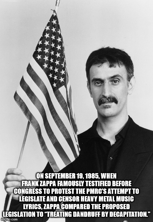 frank zappa - On , When Frank Zappa Famously Testified Before Congress To Protest The Pmrc'S Attempt To Legislate And Censor Heavy Metal Music Lyrics, Zappa Compared The Proposed Legislation To "Treating Dandruff By Decapitation" imgflip.com