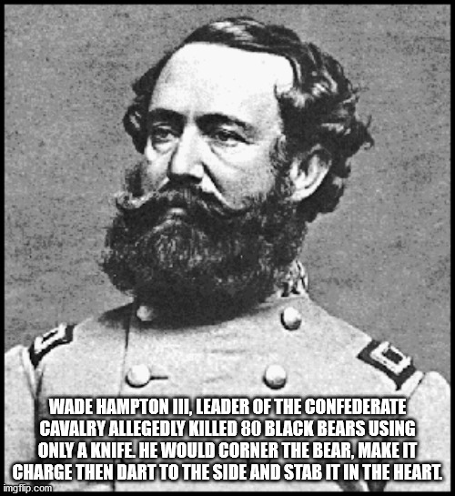 Wade Hampton III - Wade Hampton Iii, Leader Of The Confederate Cavalry Allegedly Killed 80 Black Bears Using Only A Knife. He Would Corner The Bear, Make It Charge Then Dart To The Side And Stab It In The Heart imgflip.com