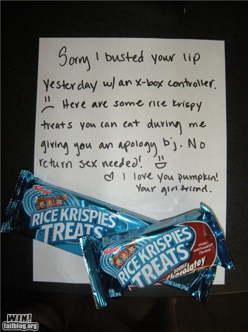 rice krispie treats - Rice Krispies Sorry I busted I busted your lip Yesterday w anxbox controller. Here are some nice krispy treats you can eat during me giving you apology bj. No return sex needed! & I love you pumpkin! Your girlfriend. Rice Krispies an