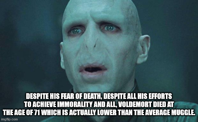 photo caption - Despite His Fear Of Death, Despite All His Efforts To Achieve Immorality And All, Voldemort Died At The Age Of 71 Which Is Actually Lower Than The Average Muggle. imgflip.com