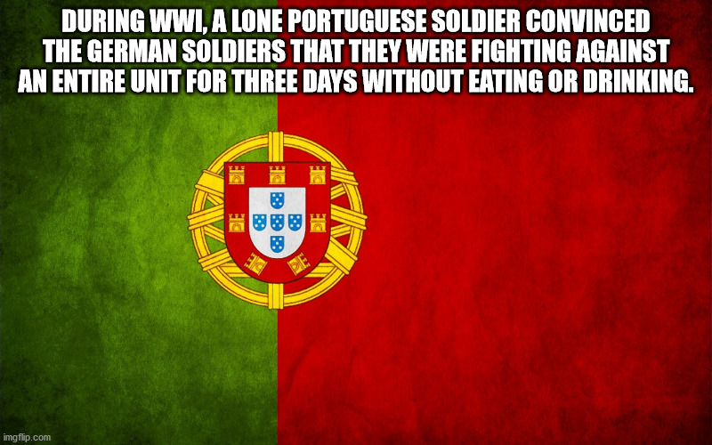 portugal flag - During Wwi, A Lone Portuguese Soldier Convinced The German Soldiers That They Were Fighting Against An Entire Unit For Three Days Without Eating Or Drinking. Pe imgflip.com