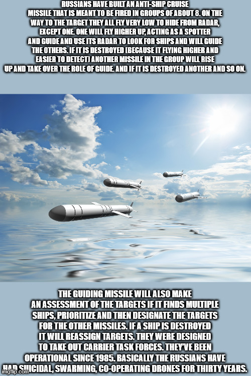 water resources - Russians Have Built An AntiShip Cruise Missile That Is Meant To Be Fred In Groups Of About 8. On The Way To The Target They All Fly Very Low To Hide From Radar, Except One One Will Fly Higher Up, Acting As A Spotter And Guide And Use Its