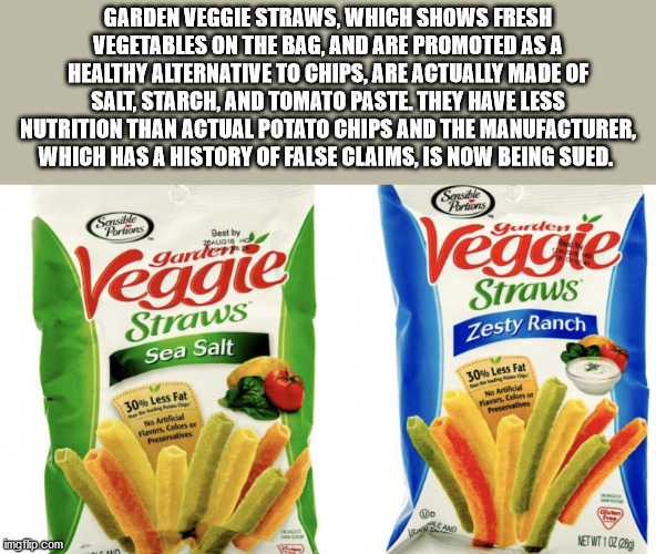 natural foods - Garden Veggie Straws, Which Shows Fresh Vegetables On The Bag, And Are Promoted As A Healthy Alternative To Chips, Are Actually Made Of Salt, Starch, And Tomato Paste. They Have Less Nutrition Than Actual Potato Chips And The Manufacturer,