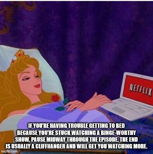 sleeping beauty - Netflix If You'Re Having Trouble Getting To Bed Because You'Re Stuck Watching A BingeWorthy Show, Pause Midway Through The Episode. The End Is Usually A Cuiffhanger And Will Get You Watching More. imgflip.com