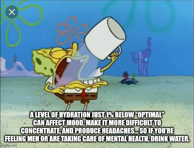 spongebob chugging water meme - A Level Of Hydration Just 1% Below "Optimal" Can Affect Mood, Make It More Difficult To Concentrate And Produce Headaches.. So If You'Re Feeling Meh Or Are Taking Care Of Mental Health, Drink Water. imgflip.com