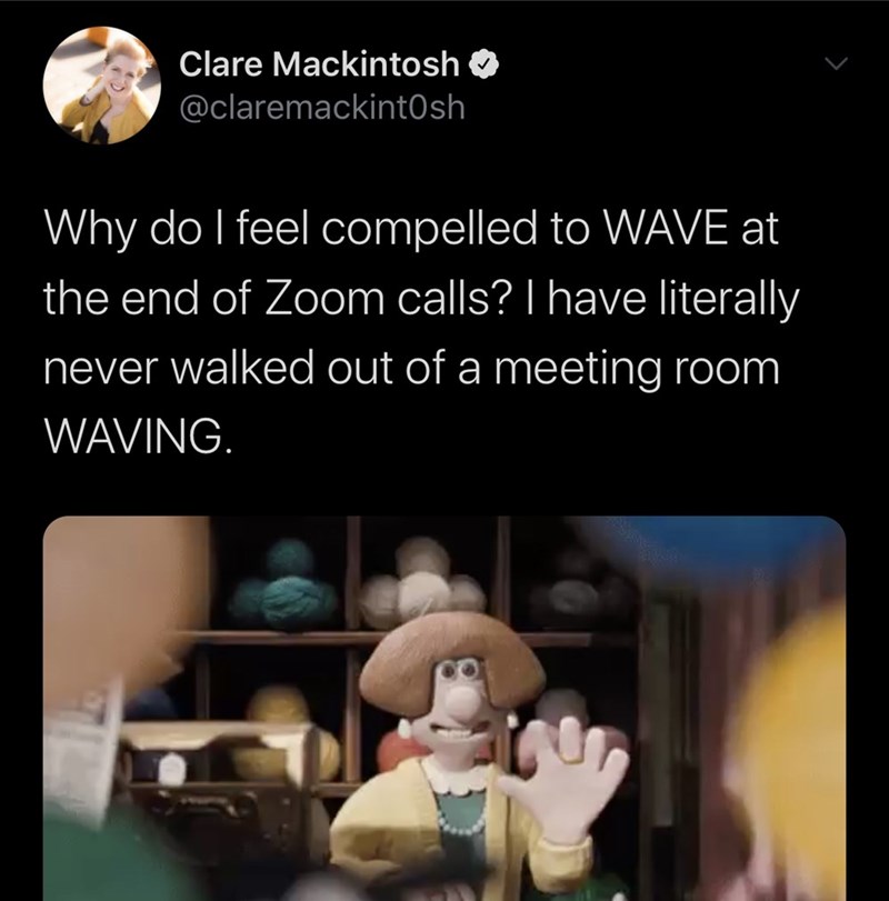 wallace and gromit wendolene - Clare Mackintosh Why do I feel compelled to Wave at the end of Zoom calls? I have literally never walked out of a meeting room Waving.