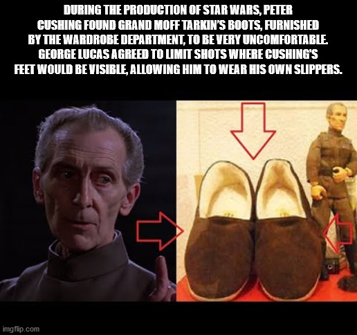 photo caption - During The Production Of Star Wars, Peter Cushing Found Grand Moff Tarkin'S Boots, Furnished By The Wardrobe Department, To Be Very Uncomfortable. George Lucas Agreed To Limit Shots Where Cushing'S Feet Would Be Visible, Allowing Him To We