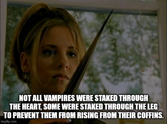 buffy stake - Not All Vampires Were Staked Through The Heart, Some Were Staked Through The Leg To Prevent Them From Rising From Their Coffins. imgflip.com