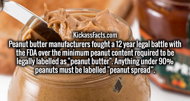 KickassFacts.com Peanut butter manufacturers fought a 12 year legal battle with the Fda over the minimum peanut content required to be legally labelled as "peanut butter".Anything under 90% peanuts must be labelled "peanut spread".
