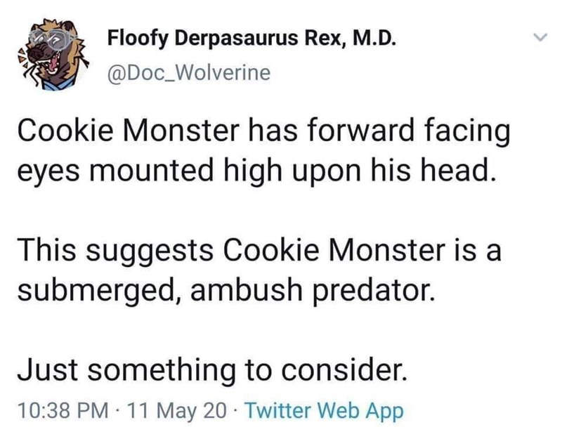 aoc impeachment tweet - Floofy Derpasaurus Rex, M.D. Cookie Monster has forward facing eyes mounted high upon his head. This suggests Cookie Monster is a submerged, ambush predator. Just something to consider. 11 May 20 Twitter Web App
