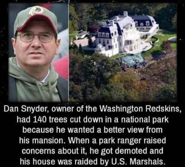 dan snyder meme - Ded Dan Snyder, owner of the Washington Redskins, had 140 trees cut down in a national park because he wanted a better view from his mansion. When a park ranger raised concerns about it, he got demoted and his house was raided by U.S. Ma