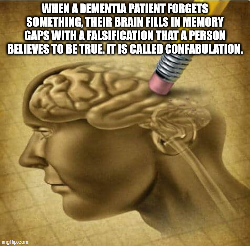 manipulating memories - When A Dementia Patient Forgets Something, Their Brain Fills In Memory Gaps With A Falsification That A Person Believes To Be True. It Is Called Confabulation. imgflip.com