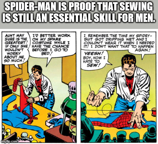 SpiderMan Is Proof That Sewing Is Still An Essential Skill For Men. Aunt May I'D Better Work Sure Is The On My Spare Greatest Costume While 1 If Only She Have The Chance Wouldn'T Before I Go To Worry Bed!! About Me So Much! I