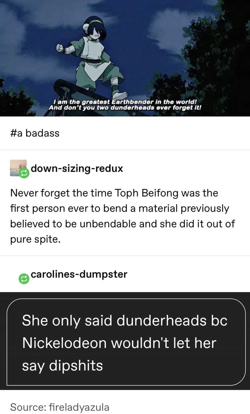 screenshot - I am the greatest Earthbender in the world! And don't you two dunderheads ever forget it! badass downsizingredux Never forget the time Toph Beifong was the first person ever to bend a material previously believed to be unbendable and she did 