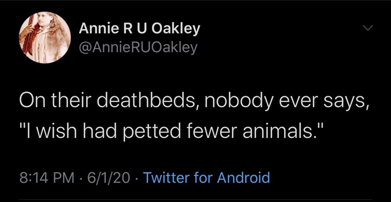 moon - Annie Ru Oakley On their deathbeds, nobody ever says, "I wish had petted fewer animals." 6120 Twitter for Android
