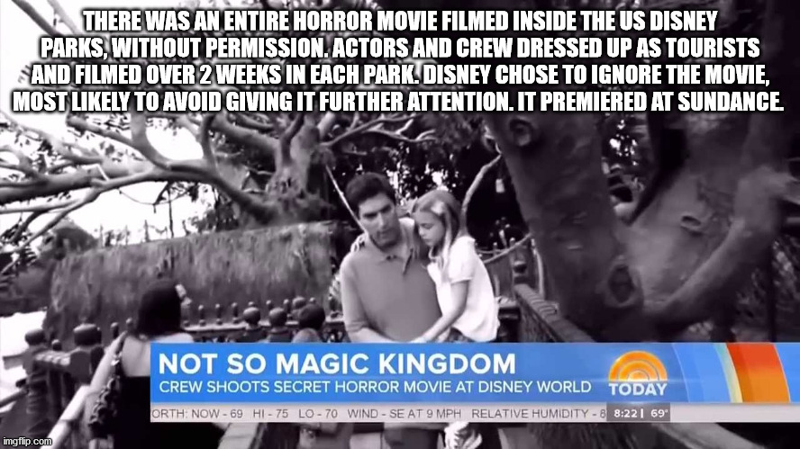 There Was An Entire Horror Movie Filmed Inside The Us Disney Parks, Without Permission. Actors And Crew Dressed Up As Tourists And Filmed Over 2 Weeks In Each Park. Disney Chose To Ignore The Movie, Mostly To Avoid Giving It Further attention. It premiere