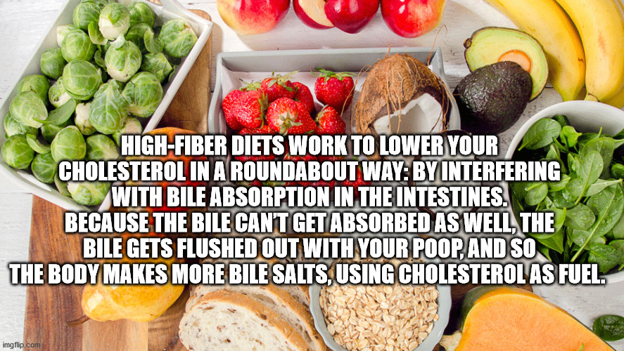 HighFiber Diets Work To Lower Your Cholesterol In A Roundabout Way By Interfering With Bile Absorption In The Intestines. Because The Bile Can'T Get Absorbed As Well, The Bile Gets Flushed Out With Your Poop, And So The Body Makes More Bile Salts, Using…