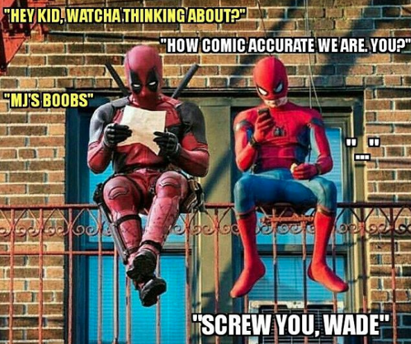 wade wilson and peter parker fan art - "Hey Kid, Watcha Thinking About?" "How Comic Accurate We Are You?" Mj'S Boobs" Obe Oo Sexo op "Screw You, Wade"