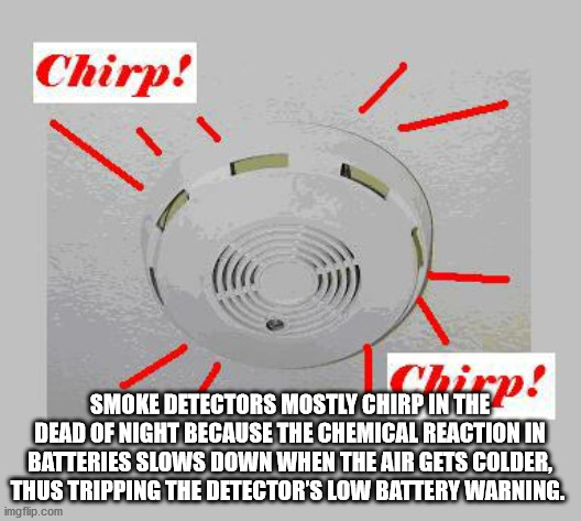 fire alarm going off - Chirp! Chipp! Smoke Detectors Mostly Chirp In The Dead Of Night Because The Chemical Reaction In Batteries Slows Down When The Air Gets Colder, Thus Tripping The Detector'S Low Battery Warning. imgflip.com