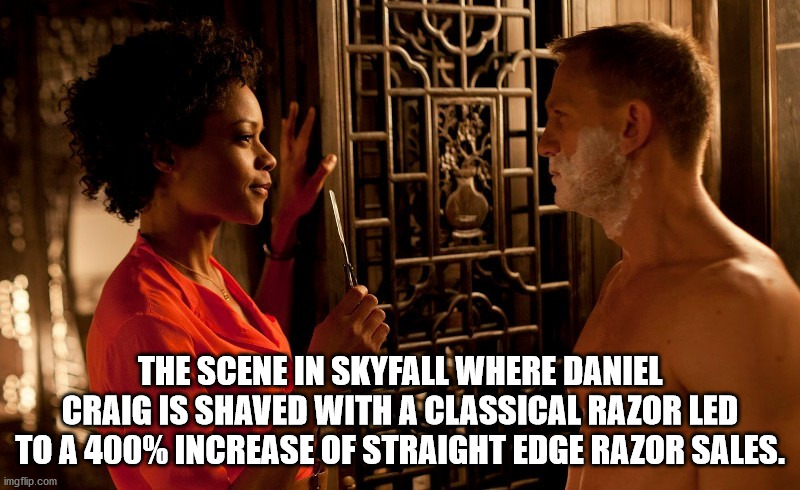 daniel craig skyfall - The Scene In Skyfall Where Daniel Craig Is Shaved With A Classical Razor Led To A 400% Increase Of Straight Edge Razor Sales. imgflip.com