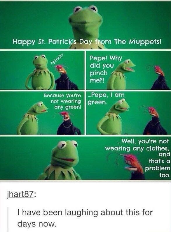 st patrick's day memes - Happy St. Patrick's Day from The Muppets! Pepe! Why pinch did you pinch me?! Because you're ...Pepe, I am not wearing green. any green! ...Well, you're not wearing any clothes, and that's a problem too. jhart87 I have been laughin