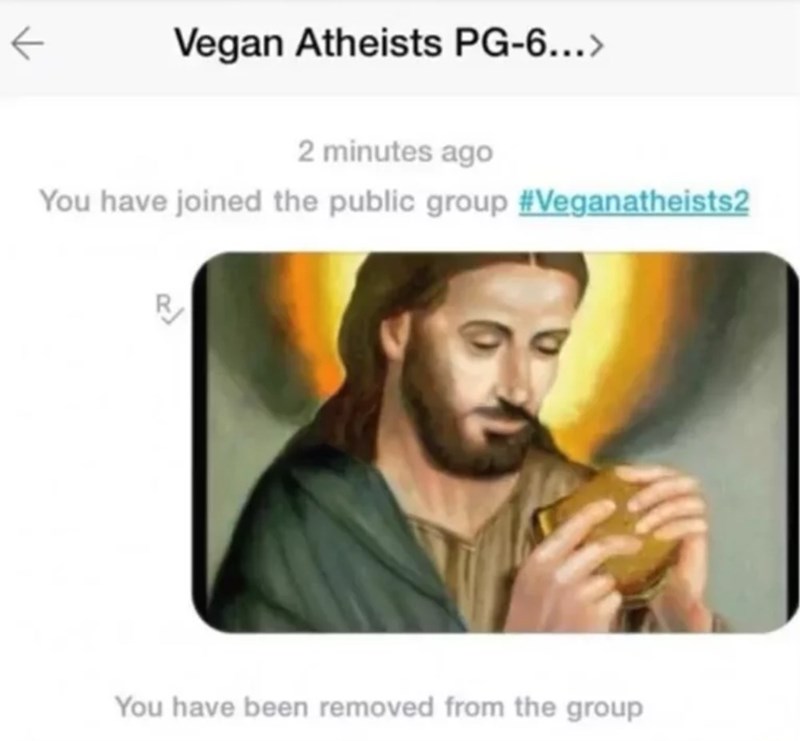 vegan atheists meme - K Vegan Atheists Pg6...> 2 minutes ago You have joined the public group R You have been removed from the group