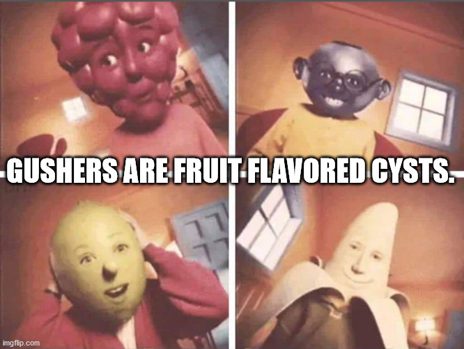 you tell a slightly offensive joke - Gushers Are FruitFlavored Cysts. imgflip.com