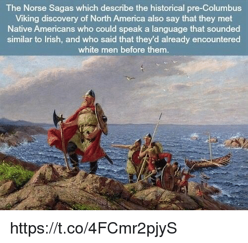 The Norse Sagas which describe the historical preColumbus Viking discovery of North America also say that they met Native Americans who could speak a language that sounded similar to Irish, and who said that they'd already encountered