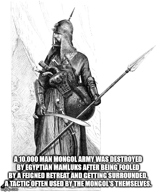 A 10,000 Man Mongol Army Was Destroyed By Egyptian Mamluks After Being Fooled By A Feigned Retreat And Getting Surrounded, A Tactic Often Used By The Mongol'S Themselves.