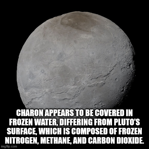 Charon Appears To Be Covered In Frozen Water, Differing From Pluto'S Surface, Which Is Composed Of Frozen Nitrogen, Methane, And Carbon Dioxide.