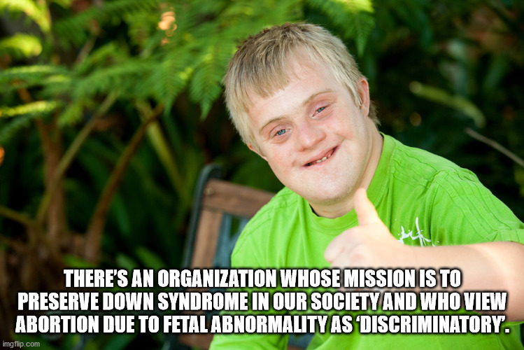 There'S An Organization Whose Mission Is To Preserve Down Syndrome In Our Society And Who View Abortion Due To Fetal Abnormality As Discriminatory. imgflip.com