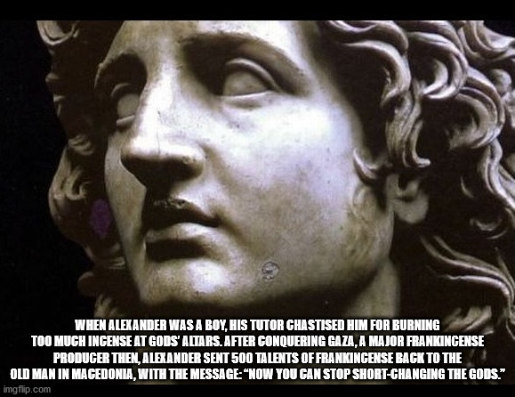 alexander the great - When Alexander Was A Boy, His Tutor Chastised Him For Burning Too Much Incense At Gods Altars. After Conquering Gaza, A Major Frankincense Producer Then, Alexander Sent 500 Talents Of Frankincense Back To The Old Man In Macedonia, Wi